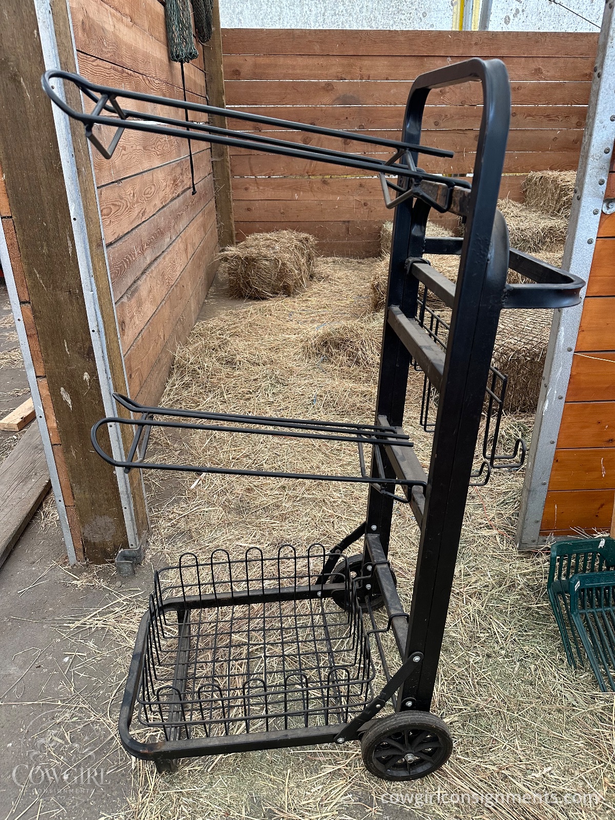 Rolling Two-Saddle Tack Cart With Bridle Hooks And Basket
